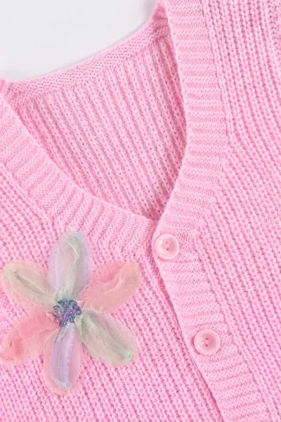 Pembe (5-8 Yaş) Pullu Çiçek Motifli Triko Selanik Kız Çocuk Yelek 474275