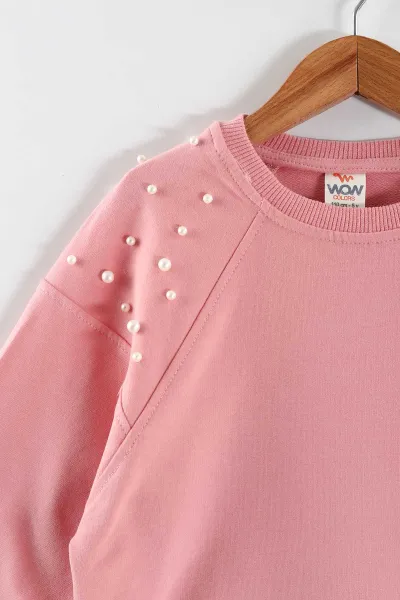 Pembe (5-8 Yaş)Omuzları İncili Kız Çocuk Sweatshirt 432896