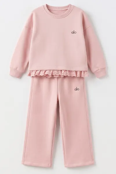 Pembe (5-9 Yaş) Alo Baskılı Dantel Eklentili 3 İp Şardonlu Kız Çocuk Kışlık Takım 493978