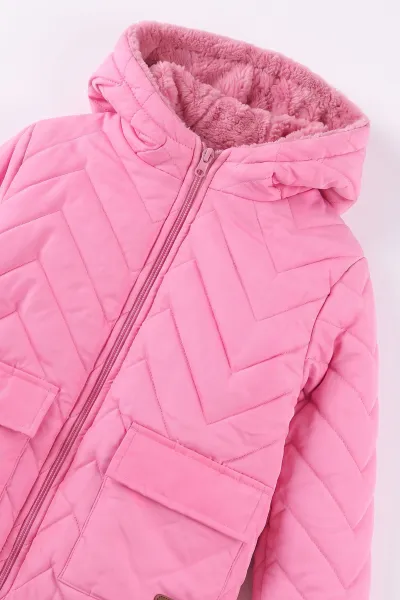 Pembe (5-9 Yaş) Çavuş Desenli Kapüşonlu Kız Çocuk Mont 494217