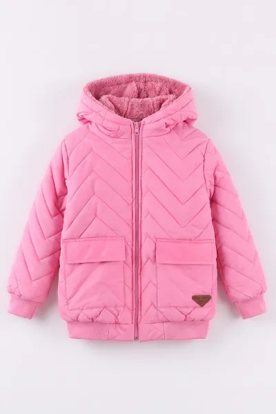 Pembe (5-9 Yaş) Çavuş Desenli Kapüşonlu Kız Çocuk Mont 494217