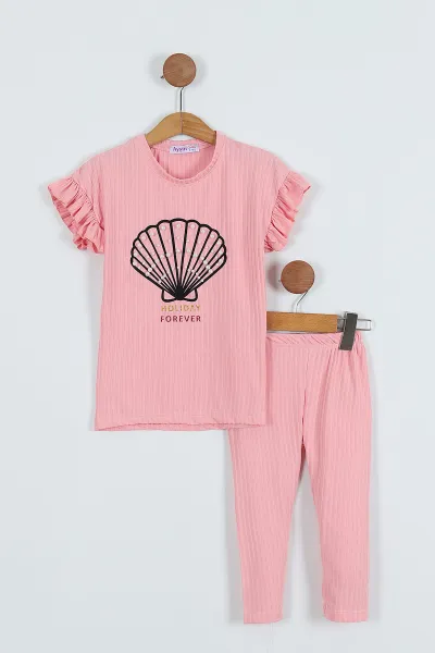 Pembe (6-10 Yaş) İnci Detay Holiday Baskılı Fitilli  Kız Çocuk Takım 280836