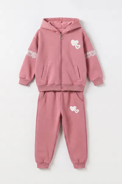Pembe (6-10  Yaş) Kalp Nakışlı Kapüşonlu 3 İp Şardonlu Kız Çocuk Kışlık Takım 498245