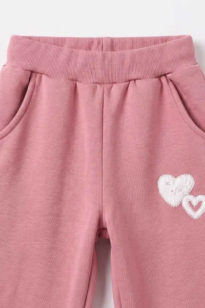 Pembe (6-10  Yaş) Kalp Nakışlı Kapüşonlu 3 İp Şardonlu Kız Çocuk Kışlık Takım 498245