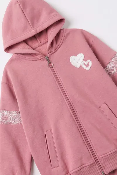 Pembe (6-10  Yaş) Kalp Nakışlı Kapüşonlu 3 İp Şardonlu Kız Çocuk Kışlık Takım 498245