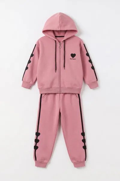 Pembe (6-10  Yaş) Kalp Nakışlı Kapüşonlu 3 İp Şardonlu Kız Çocuk Kışlık Takım 498253