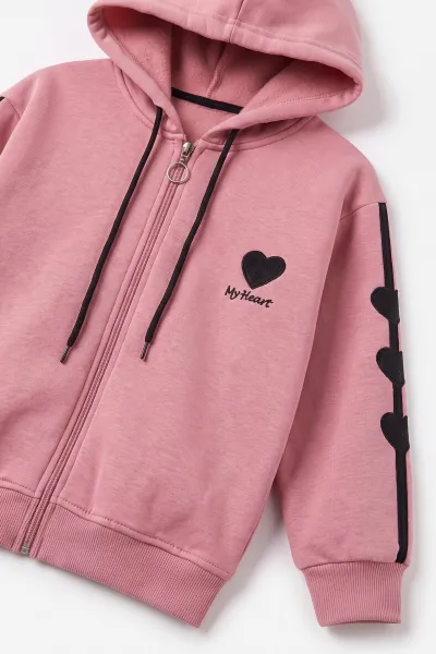 Pembe (6-10  Yaş) Kalp Nakışlı Kapüşonlu 3 İp Şardonlu Kız Çocuk Kışlık Takım 498253