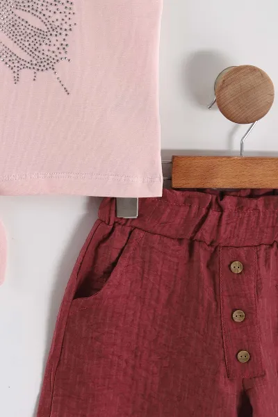 Pembe (6-10 Yaş) Kelebekli Taş Baskılı Tişörtlü Müslin Şortlu  Kız Çocuk Yazlık Takım 454813