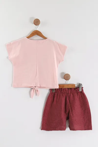 Pembe (6-10 Yaş) Kelebekli Taş Baskılı Tişörtlü Müslin Şortlu  Kız Çocuk Yazlık Takım 454813