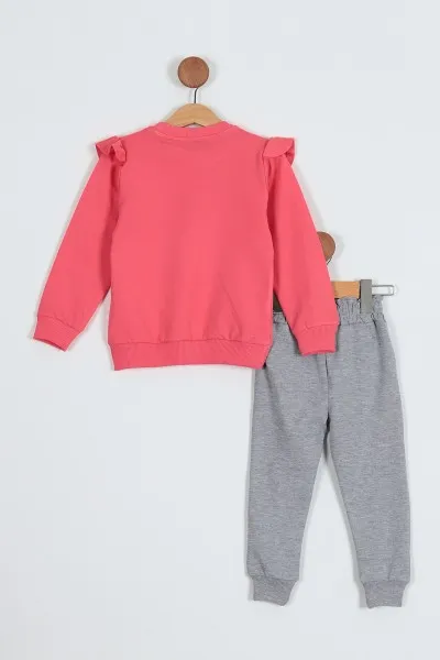 Pembe (6-10 Yaş) Omuz Fırfırlı Çiçek Baskılı Kız Çocuk Takım 288935
