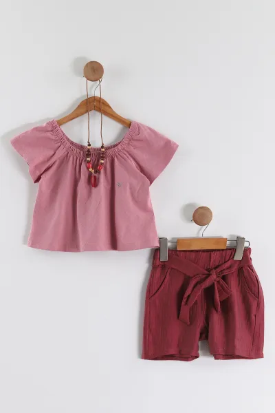Pembe (6-10 Yaş) Şort ve Kolyeli Kız Çocuk Yazlık Takım 467172