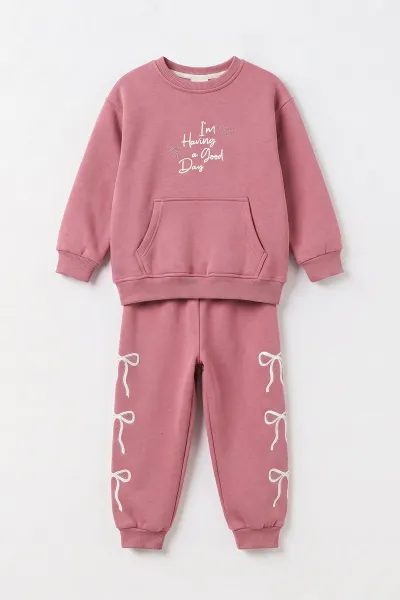 Pembe (6-10 Yaş)Baskılı Kanguru Cepli 3 İp Şardonlu Kız Çocuk Kışlık Takım 499090