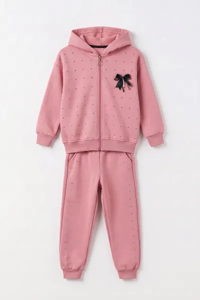 Pembe (6-10 Yaş)Taşlı Fiyonklu Kapüşonlu 3 İp Şardonlu Kız Çocuk Kışlık Takım 499094