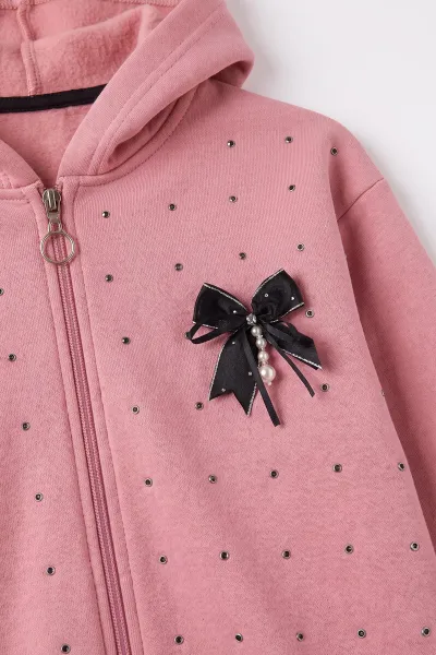 Pembe (6-10 Yaş)Taşlı Fiyonklu Kapüşonlu 3 İp Şardonlu Kız Çocuk Kışlık Takım 499094