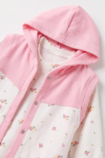 Pembe (6-12 Ay) Çiçek   Baskılı   Kapüşonlu Yelekli Kız Bebek 3'lü Takım 480237