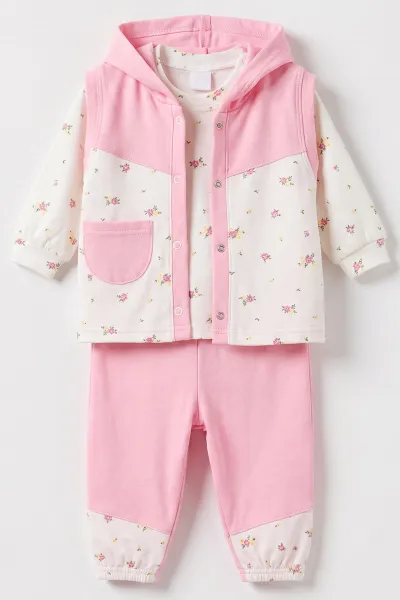 Pembe (6-12 Ay) Çiçek   Baskılı   Kapüşonlu Yelekli Kız Bebek 3'lü Takım 480237