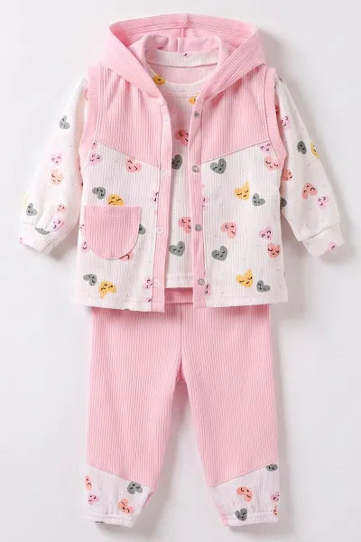 Pembe (6-12 Ay) Kalp  Baskılı   Kapüşonlu Yelekli Kız Bebek 3'lü Takım 480233