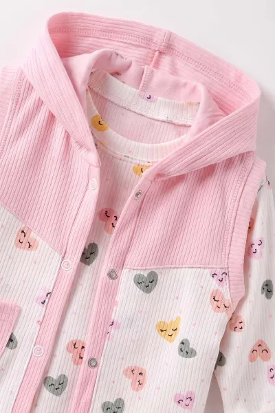 Pembe (6-12 Ay) Kalp  Baskılı   Kapüşonlu Yelekli Kız Bebek 3'lü Takım 480233