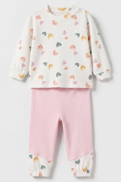 Pembe (6-12 Ay) Kalp  Baskılı   Kapüşonlu Yelekli Kız Bebek 3'lü Takım 480233