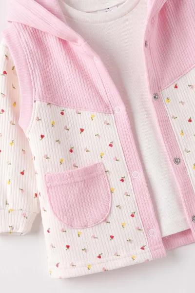 Pembe (6-12 Ay) Lale Baskılı Kapüşonlu Yelekli Kız Bebek 3'lü Takım 480162