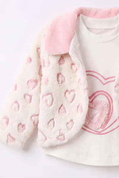 Pembe (6-12 Ay) Pelüş Ceketli Pantolon Sweatshirt 3'lü Kız Bebek Takım 495564