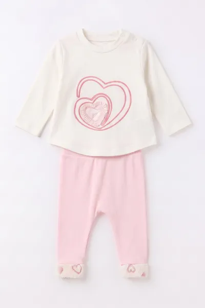 Pembe (6-12 Ay) Pelüş Ceketli Pantolon Sweatshirt 3'lü Kız Bebek Takım 495564