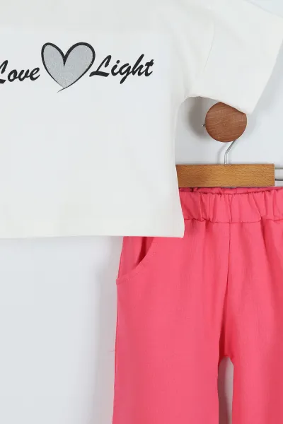 Pembe (6-12 Yaş) Simli Kalp Baskılı Kız Çocuk Takım 277875