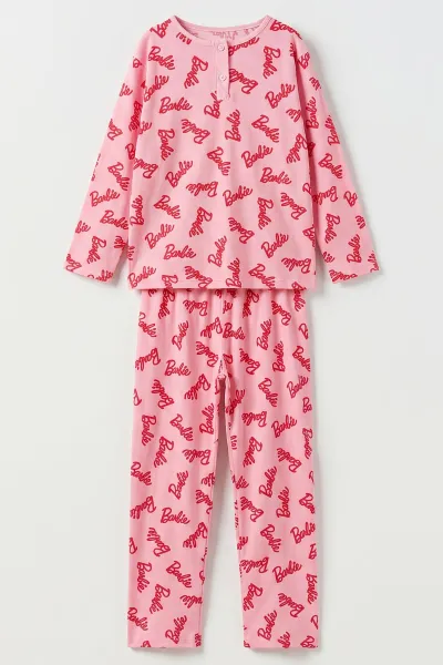 Pembe (6-14 Yaş) Desenli Yakadan Yarım Düğmeli  Süprem Kumaş Kız Çocuk Pijama Takımı 487224