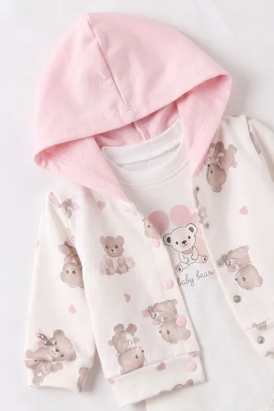 Pembe (6-18 Ay) Ayıcık Baskılı İki İplik  3'lü Kız Bebek Takım 492667
