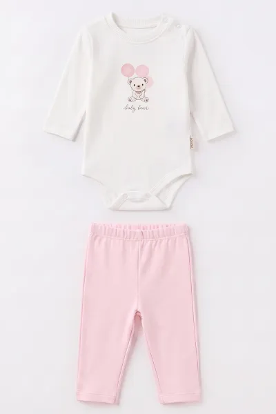 Pembe (6-18 Ay) Ayıcık Baskılı İki İplik  3'lü Kız Bebek Takım 492667