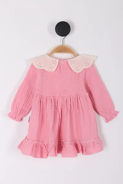 Pembe (6-18 Ay) Brode Yakalı Müslin Kız Bebek Elbise 258640