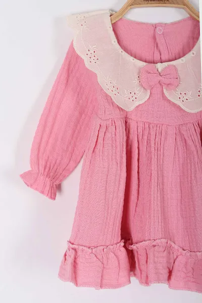 Pembe (6-18 Ay) Brode Yakalı Müslin Kız Bebek Elbise 258640