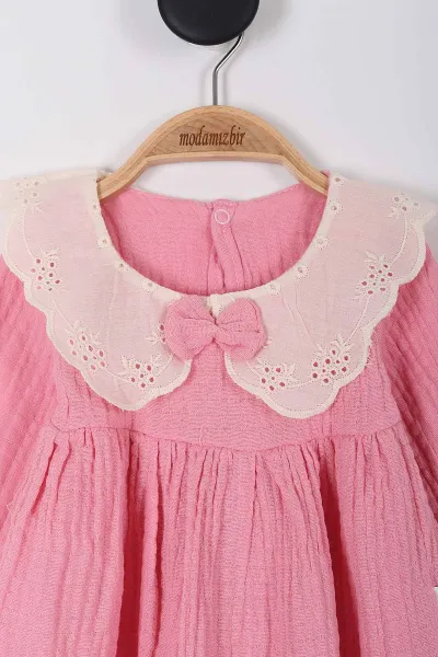 Pembe (6-18 Ay) Brode Yakalı Müslin Kız Bebek Elbise 258640