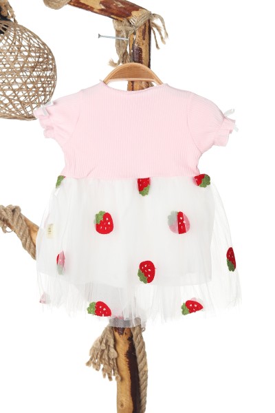 Pembe (6-18 Ay) Çilek Nakışlı Bel Kurdeleli Kol Lastikli Kız Bebe Elbise 167906