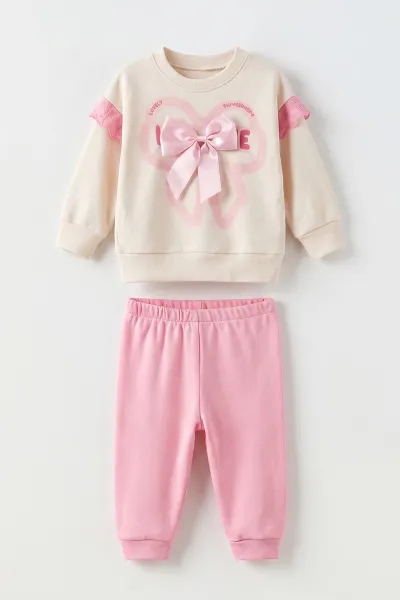 Pembe (6-18 Ay)  Fiyonk Baskılı Kol Güpürlü Kız Bebek 2'li Takım 475911