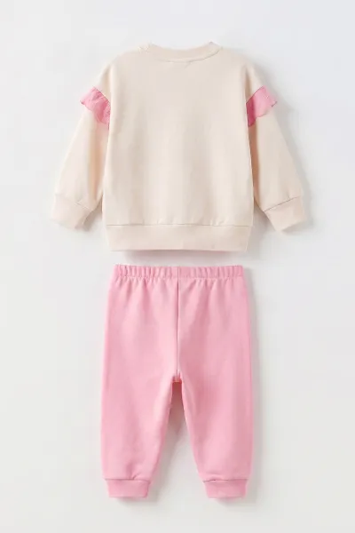 Pembe (6-18 Ay)  Fiyonk Baskılı Kol Güpürlü Kız Bebek 2'li Takım 475911