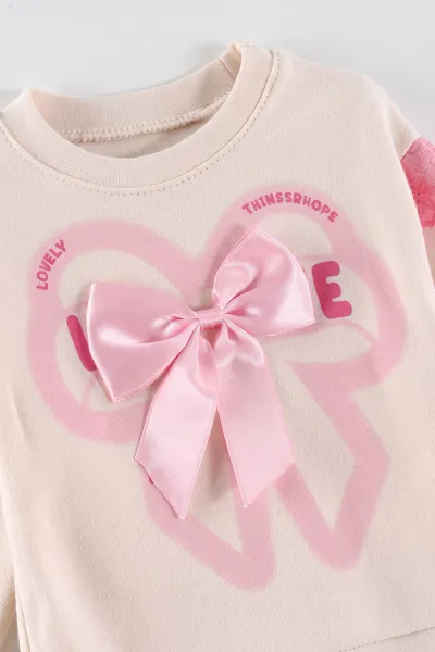 Pembe (6-18 Ay)  Fiyonk Baskılı Kol Güpürlü Kız Bebek 2'li Takım 475911