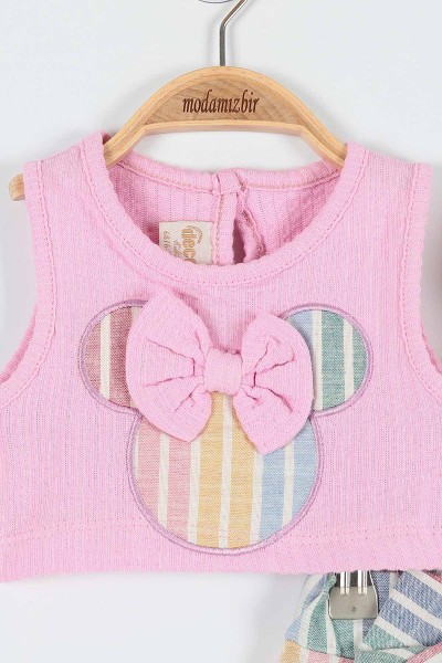 Pembe (6-18 Ay) Fiyonklu Fare Nakışlı Çizgi Detaylı Şortlu Kız Bebe Takım 178050