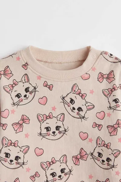 Pembe (6-18 Ay) Kedi Baskılı İkili Kız Bebek Penye Takım 474951