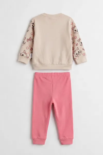Pembe (6-18 Ay) Kedi Baskılı İkili Kız Bebek Penye Takım 474951