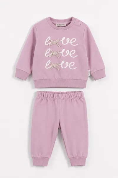 Pembe (6-18 Ay )Love Baskılı Fiyonklu Omuz Düğmeli Kız Bebek Takım 478128