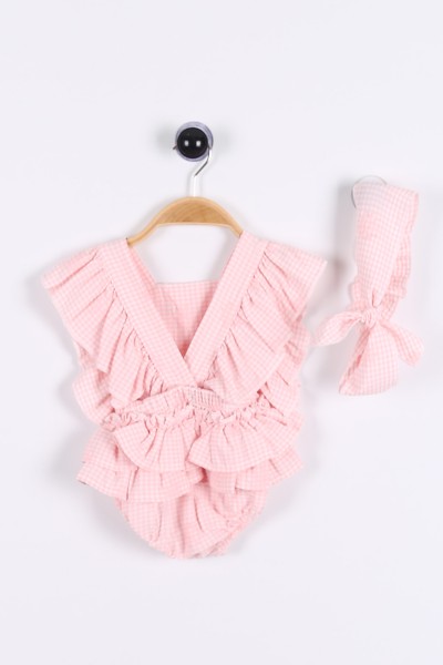 Pembe (6-18 Ay) Papatya Nakışlı Güpürlü Bandanalı Kız Bebe Tulum 175464