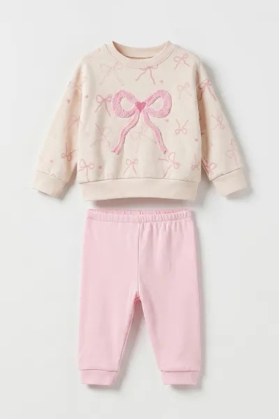 Pembe (6-18 Ay) Süzene Fiyonk Nakışlı Kız Bebek 2'li Takım 475905