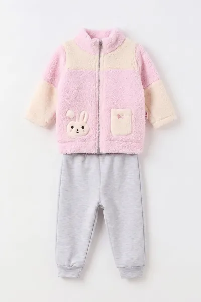Pembe (6-18 Ay) Tavşan Nakışlı Cepli Kuzu Hırkalı Alt Şardonlu Kız Bebek Kışlık Takım 497054