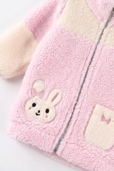 Pembe (6-18 Ay) Tavşan Nakışlı Cepli Kuzu Hırkalı Alt Şardonlu Kız Bebek Kışlık Takım 497054