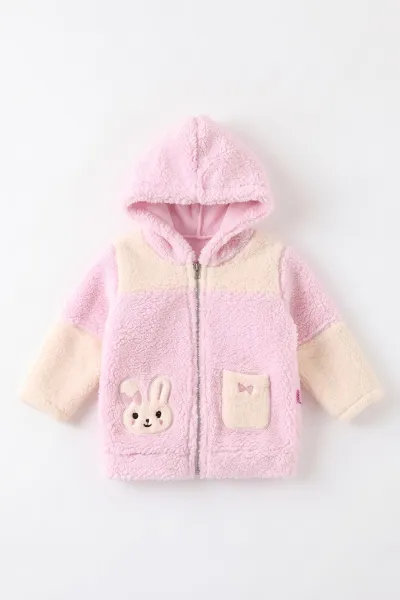 Pembe (6-18 Ay) Tavşan Nakışlı Kapüşonlu Peluş Kız Bebek Hırka 495891