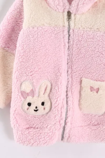 Pembe (6-18 Ay) Tavşan Nakışlı Kapüşonlu Peluş Kız Bebek Hırka 495891