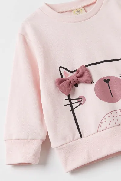 Pembe (6-18 Ay)Fiyonklu Kedicik Baskılı Çıtçıtlı Çimalı Kız Bebek Takım 477635