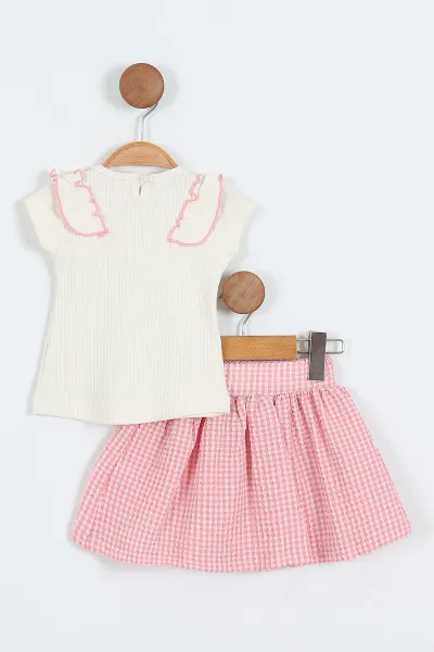 Pembe (6-18 Ay)Kalp Nakışlı Ekose Desen Kız Bebek Yazlık Takım 357471