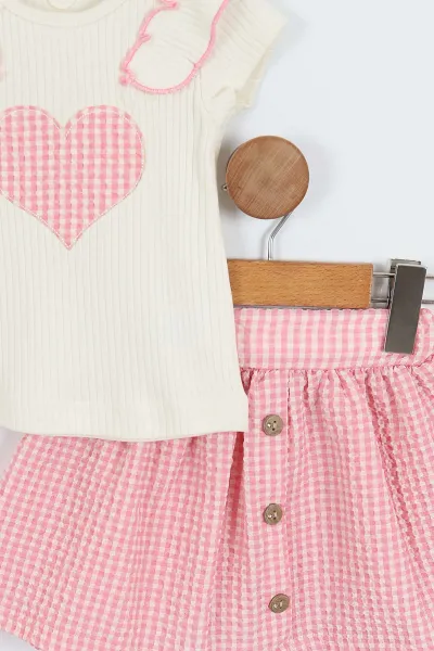 Pembe (6-18 Ay)Kalp Nakışlı Ekose Desen Kız Bebek Yazlık Takım 357471